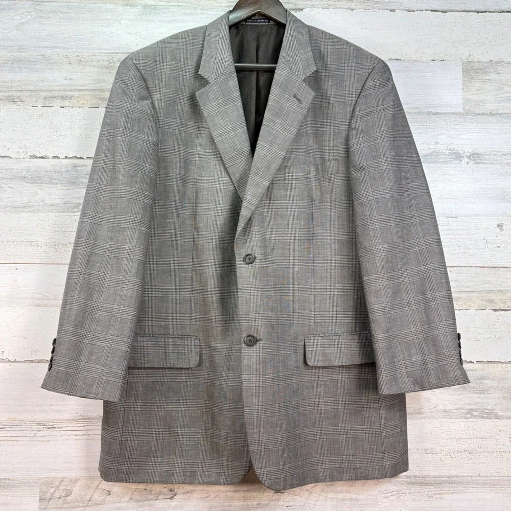Alfani 44L Blazer Grey Glen‎ Plaid Wool Linen Blend Sport Coat 2 Button Jacket